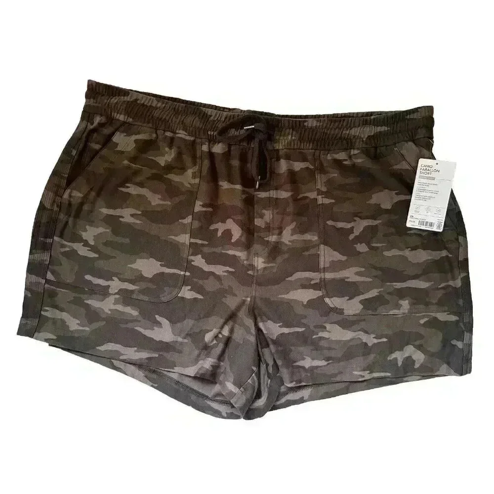 Athleta Black‎ Olive Camo Farallon Elastic Waist Pockets Shorts Size 26 NEW